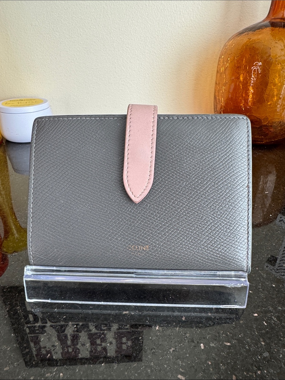 Celine Gray Leather Wallet with Pink Strap